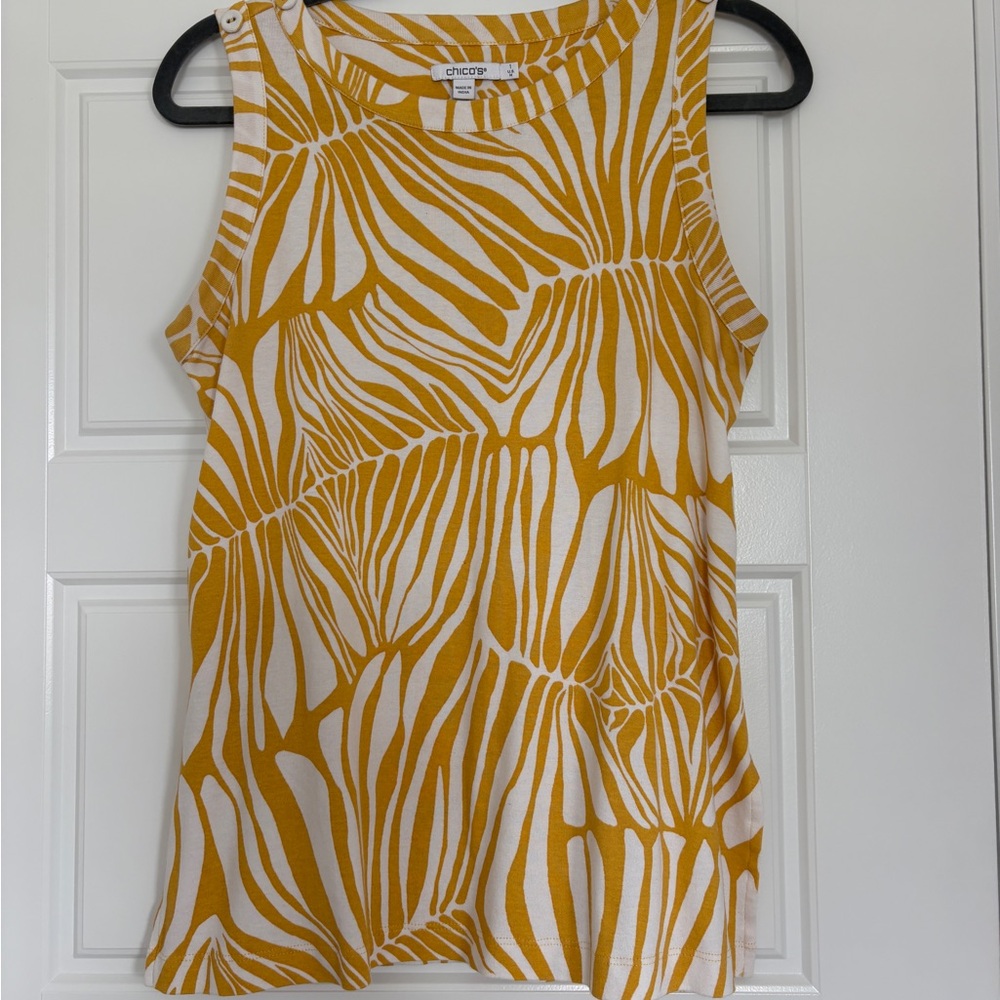 Chico's White and Mustard Yellow Printed Sleeveless Tank